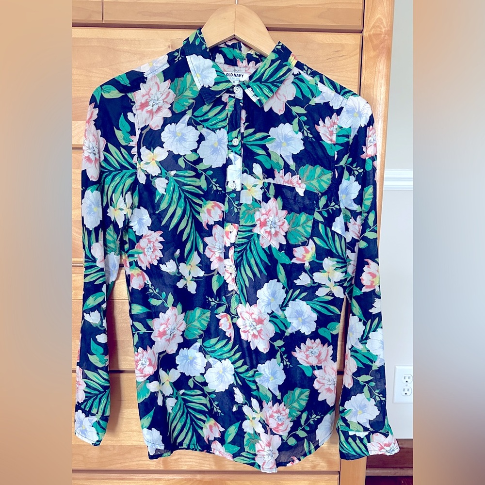 Old Navy Navy Hawaiian Floral Popover Blouse